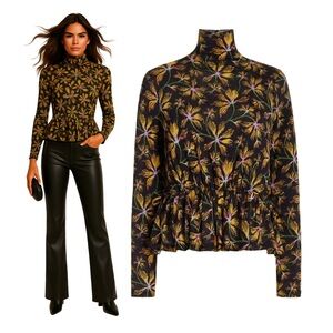 $295 ULLA JOHNSON Nina Printed Peplum Top - Floral Turtleneck Black Sz S